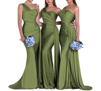 Abiti da damigella d'onore in raso con spalle scoperte a sirena pieghettate abiti da damigella d'onore per le donne, Verde oliva, 40