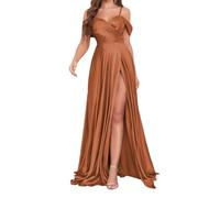 Abiti da damigella d'onore in raso con spalle scoperte per le donne abito formale lungo increspato una linea con fessura, Arancione bruciato, 42