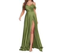 Abiti da damigella d'onore in raso con spalle scoperte per le donne abito formale lungo increspato una linea con fessura, Verde oliva, 44