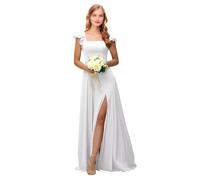 Abiti da damigella d'onore in raso con volant maniche corte collo quadrato abito da sposa lungo ospite una linea formale abito da sera con fessura, bianco, 50 Più