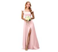 Abiti da damigella d'onore in raso con volant maniche corte collo quadrato abito da sposa lungo ospite una linea formale abito da sera con fessura, rosa, 50 Più