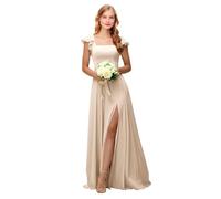 Abiti da damigella d'onore in raso con volant maniche corte collo quadrato abito da sposa lungo ospite una linea formale abito da sera con fessura, Champagne, 50 Più