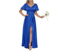 Abiti da damigella d'onore in raso da donna per matrimonio pieghe abiti da cocktail con fessura abiti da ballo taglie forti, Blu reale, 58 Più