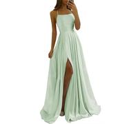 Abiti da damigella d'onore in raso lunghi con tasche spalline sottili senza schienale abito da ballo una linea formale da sera abito da ballo con fessura, Menta, 62 Più