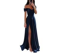 Abiti da damigella d'onore in raso per matrimonio con spalle scoperte scollo a V abiti da festa formale, Blu Navy, 40