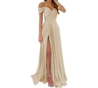 Abiti da damigella d'onore in raso per matrimonio con spalle scoperte scollo a V abiti da festa formale, Champagne, 34