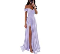 Abiti da damigella d'onore in raso per matrimonio con spalle scoperte scollo a V abiti da festa formale, Lavanda, 34