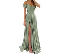 Abiti da damigella d'onore in raso per matrimonio con spalle scoperte scollo a V abiti da festa formale, Verde Salvia, 64 Più