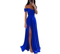 Abiti da damigella d'onore in raso per matrimonio con spalle scoperte scollo a V abiti da festa formale, Blu Reale, 46