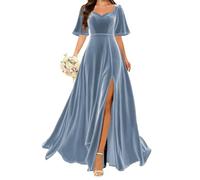 Abiti da damigella d'onore in velluto per matrimonio con fessura abiti da cocktail increspature principessa abiti da ballo taglie forti, Blu polvere., 58 Più