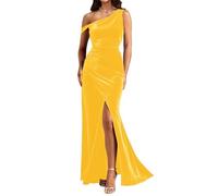 Abiti da damigella d'onore in velluto per matrimonio una spalla pieghettata sirena formale sera partito maxi abito con fessura WQL006, Giallo, 50