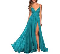 Abiti da damigella d'onore lunghi in chiffon abito da sera formale con applique in pizzo con fessura per le donne, Acqua, 52