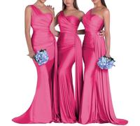 Abiti da Damigella d'Onore Monospalla da Donna per Abiti da Sposa in Raso a Sirena Abiti da Ballo Lungo Treno High Fork Abiti da Sera Formali Hot Pink S