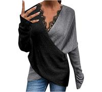 Abiti da donna a blocchi di colore con scollo a V in pizzo felpa per donna a maniche lunghe avvolgente autunno inverno abiti 2024, W-747 Grigio, M