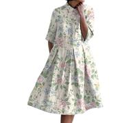 Abiti da donna a camicia UK midi, abiti in lino di cotone per donne UK, abito plissettato a mezza manica, abito a bottoni, prendisole con stampa floreale, prendisole a lunghezza ginocchio, prendisole