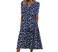 Abiti da donna a maniche corte casual con scollo grande spiaggia tasca estiva maxi abito rotondo stampa vacanza abito da donna swing abito da donna abito corto casual, #2-blu navy, XL