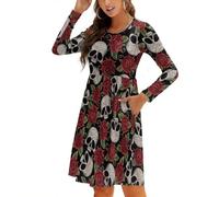 Abiti da donna autunnali con teschio di rosa rossa 2024 abiti da donna eleganti a maniche lunghe con tasca, Nero , XL