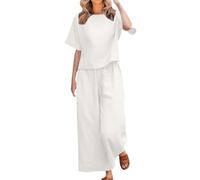Abiti da donna casual, set Co Ord per le donne UK, camicie a maniche corte con scollo rotondo pantaloni in vita alta elasticizzati pantaloni a gamba larga pantaloni a lunghezza intera cotone lino