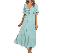 Abiti da donna con scollo a V a maniche corte abito bohémien con papillon maxi abito estivo da donna abito lungo bohémien solido abito lungo fluido prendisole a vita pieghettato abiti casual da donna