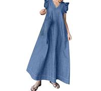 Abiti da donna Denim tinta unita temperamento scollo a V abito lungo abito da sposa ospite, blu cielo, XL