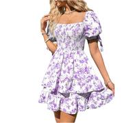 Abiti da donna estivi con volant corti, linea ad A, abito estivo elegante floreale con smokwork, maniche a sbuffo, abito corsetto floreale, abiti estivi leggeri ed eleganti