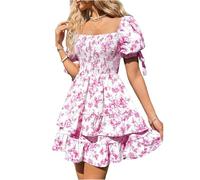 Abiti da donna estivi con volant corti, linea ad A, abito estivo elegante floreale con smokwork, maniche a sbuffo, abito corsetto floreale, abiti estivi leggeri ed eleganti