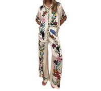 Abiti da donna in 2 pezzi, stile bohémien, estivo, casual, stampa graffiti, set coordinato a maniche corte, camicia e pantaloni con tasche hawaiane, Beige, M
