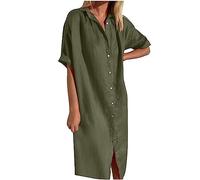 Abiti da donna in cotone e lino a maniche corte con colletto a bottoni con scollo a V abito midi con tasca, camicia lunga da spiaggia per vacanze estive coprire le offerte 2025 I miei ordini, Verde