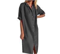 Abiti da donna in cotone e lino a maniche corte con colletto a bottoni con scollo a V abito midi con tasca, camicia lunga da spiaggia per vacanze estive coprire le offerte 2025 I miei ordini, Grigio