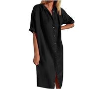 Abiti da donna in cotone e lino a maniche corte con colletto a bottoni con scollo a V abito midi con tasca, camicia lunga da spiaggia per vacanze estive coprire le offerte 2025 I miei ordini, Nero , M