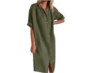 Abiti da donna in cotone e lino a maniche corte con colletto a bottoni con scollo a V abito midi con tasca, camicia lunga da spiaggia per vacanze estive coprire le offerte 2025 I miei ordini, Verde