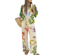 Abiti da donna in lino bohémien, set estivo casual con stampa graffiti, set abbinato a maniche corte con bottoni e pantaloni con tasche abbigliamento da casa hawaiano, #1, XL