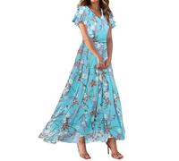 Abiti da donna maxi abito estivo a maniche corte abiti lunghi con scollo a V linea A Maxi abiti da sposa abito per ospiti, blu cielo, XL