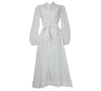 Abiti da donna primavera seta e canapa goccia collo alto Duty chiodo diamante manica lunga fibbia lanterna manica abiti, bianco, XL