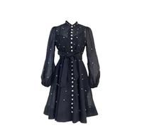 Abiti da donna primaverili in seta e canapa a collo alto Heavy Duty Nail Diamond manica lunga fibbia lanterna manica abiti, Nero , M