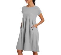 Abiti da donna UK Abito elegante casual e confortevole in cotone a maniche corte abito da spiaggia con tasche, Argento, M