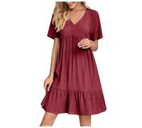 Abiti da donna UK elegante manica corta scollo a V abito pieghettato swing sciolto abito casual corto spiaggia prendisole, Rosso, XXL