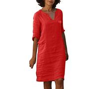 Abiti da donna UK Mini abito alla moda e confortevole con scollo a V a mezza manica in cotone e lino, Rosso, S