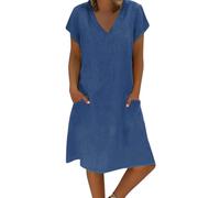 Abiti da donna UK V Tie Pocket tinta unita cotone e linee abito a maniche corte, Blu, XL