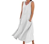 Abiti da laurea per le donne UK Casual Solido Rotondo Scollo a V Senza Maniche Tasca Splice Allentato Dressholiday Confortevole Outdoor Schizzi Camminate Campeggio Picnic Prendisole, bianco, XL