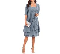 Abiti da madre della sposa in chiffon blu polveroso a 2 pezzi con maniche e giacca corta, abiti da madre dello sposo per donna UK18