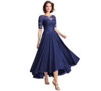 Abiti da madre della sposa in chiffon con applicazioni in pizzo, lunghezza tè, abito da sera formale con maniche corte per invitate al matrimonio per donne, Blu reale, 50