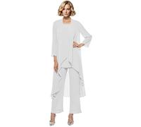Abiti da Madre della Sposa per Donna 3 Pezzi in Chiffon Set Lungo per Madre della Sposa con Gilet, bianco, 50