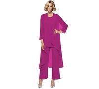 Abiti da Madre della Sposa per Donna 3 Pezzi in Chiffon Set Lungo per Madre della Sposa con Gilet, Fucsia, 48
