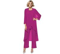 Abiti da Madre della Sposa per Donna 3 Pezzi in Chiffon Set Lungo per Madre della Sposa con Gilet, Fucsia, 44