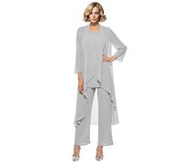 Abiti da Madre della Sposa per Donna 3 Pezzi Set Completo Lungo in Chiffon per Madre della Sposa con Gilet, Argento, 38