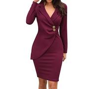 Abiti da occasione da donna UK eleganti chic con collo alla rovescia a maniche lunghe a linea a portafoglio abiti midi casual alla moda tinta unita abito aderente per lavoro abiti professionali, vino