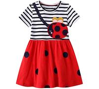 Abiti da ragazza in jersey di cotone con stampa floreale a cartoni animati abiti a maniche corte per ragazze 2-7 anni festa di compleanno abito base, Ur# Stripes/Rosso, 5-6 Anni