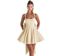 Abiti da ritorno a casa in raso con fiocco corto una linea collo quadrato Prom Cocktail Party abito per adolescenti corsetto mini abito, Champagne, 40