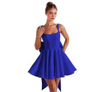 Abiti da ritorno a casa in raso con fiocco corto una linea collo quadrato Prom Cocktail Party abito per adolescenti corsetto mini abito, Blu reale, 42